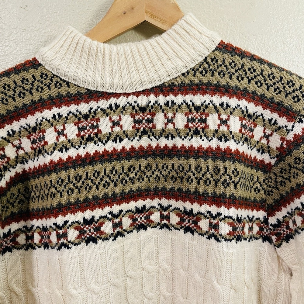 Vintage Lord Jeff Sweater Fisherman Fair Isle Cable Knit Chunky Mock Neck Size L - Picture 3 of 6